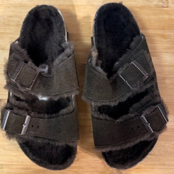 NWOT - Birkenstock Arizona Chocolate Suede Shearling Slide Sandal - Picture 7 of 16